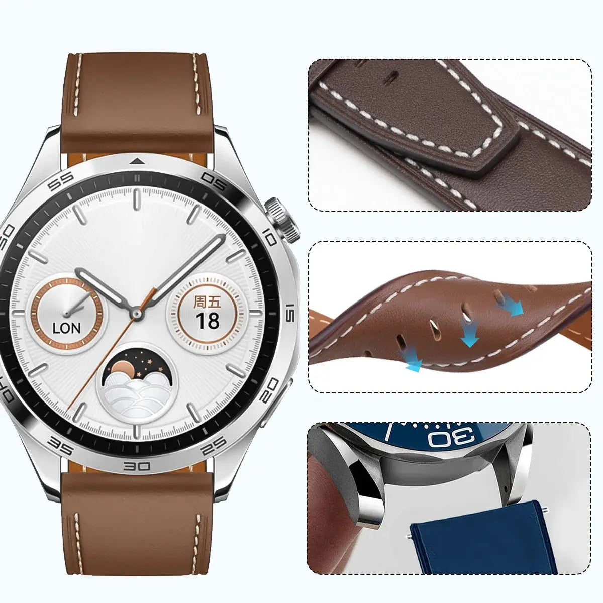 22mm 20mm Leather Strap for HUAWEI: HUAWEI WATCH GT 4 46mm, WATCH 4 Pro, GT 3, GT 2 Pro 42mm - STRAPS