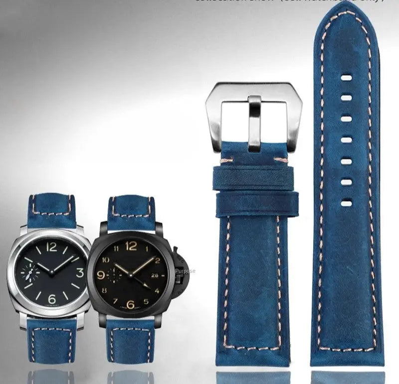 Blue Frosted Vintage Leather Watch Strap – Fits Panerai, JEEP, Seiko, Breitling, Diesel | 22mm-26mm - STRAPS