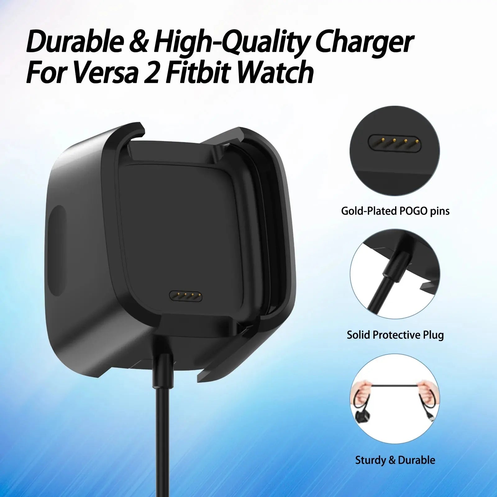 Charger for Fitbit Versa 2, USB Charging Cable, Dock Stand, 1m, Black - STRAPS