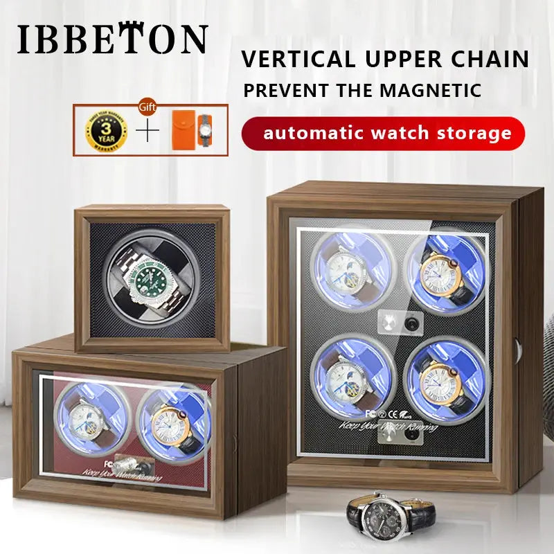 IBBETON Wooden Watch Winder Case, 2/4/6 Slots, Mabuchi Motor, Luxury Storage - STRAPS