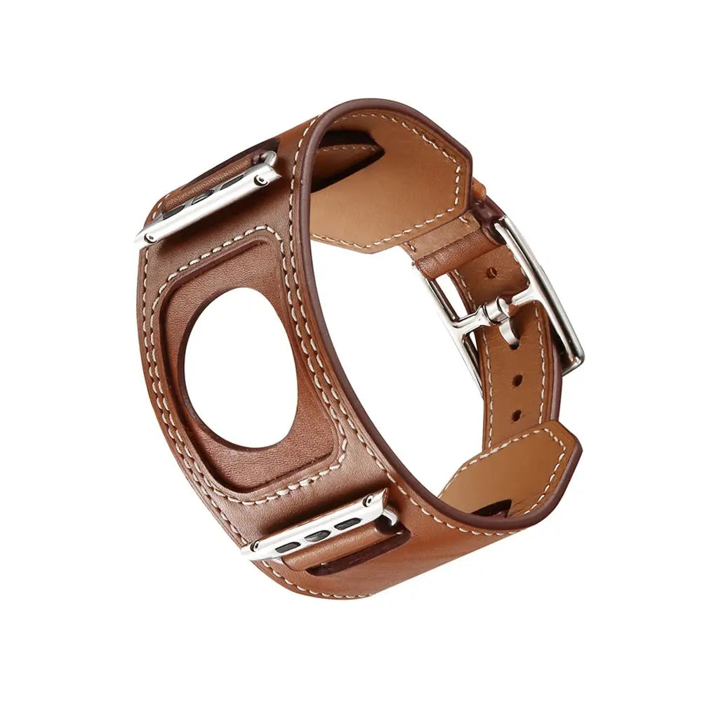 Leather Cuff Bracelet Strap for Apple Watch 9/8/7/6/SE/Ultra 2,40mm/41mm/44mm/45mm/49mm,Metal Buckle - STRAPS
