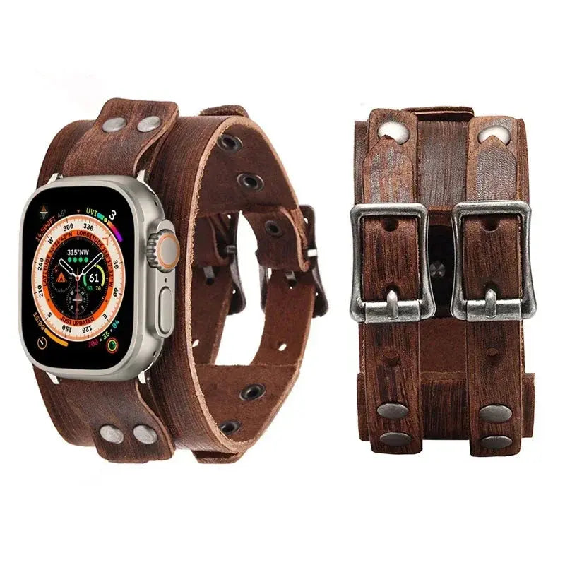 Leather Strap Band for Apple Watch Ultra 2/9/8/7/3, 40mm/41mm/44mm/45mm/49mm, Double Metal Buckle Band - STRAPS