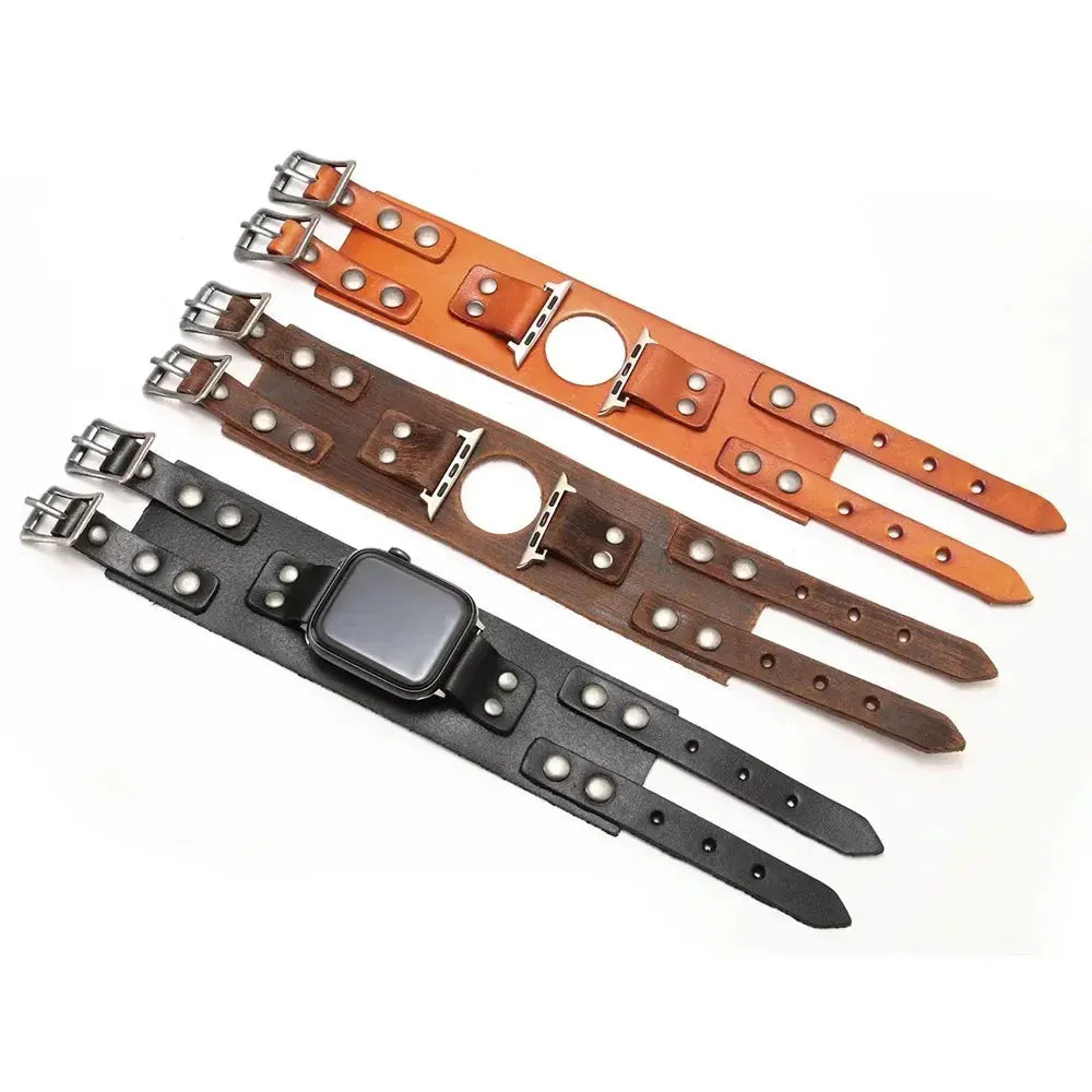Leather Strap Band for Apple Watch Ultra 2/9/8/7/3, 40mm/41mm/44mm/45mm/49mm, Double Metal Buckle Band - STRAPS