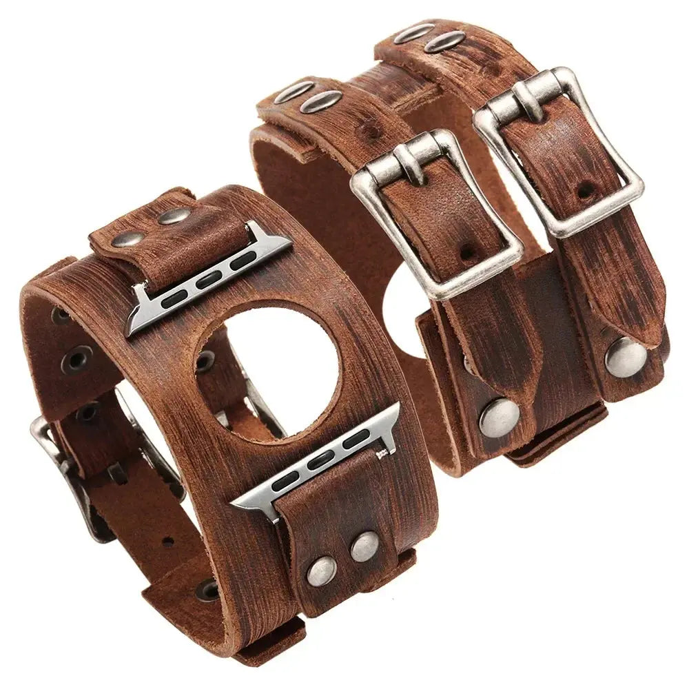 Leather Strap Band for Apple Watch Ultra 2/9/8/7/3, 40mm/41mm/44mm/45mm/49mm, Double Metal Buckle Band - STRAPS