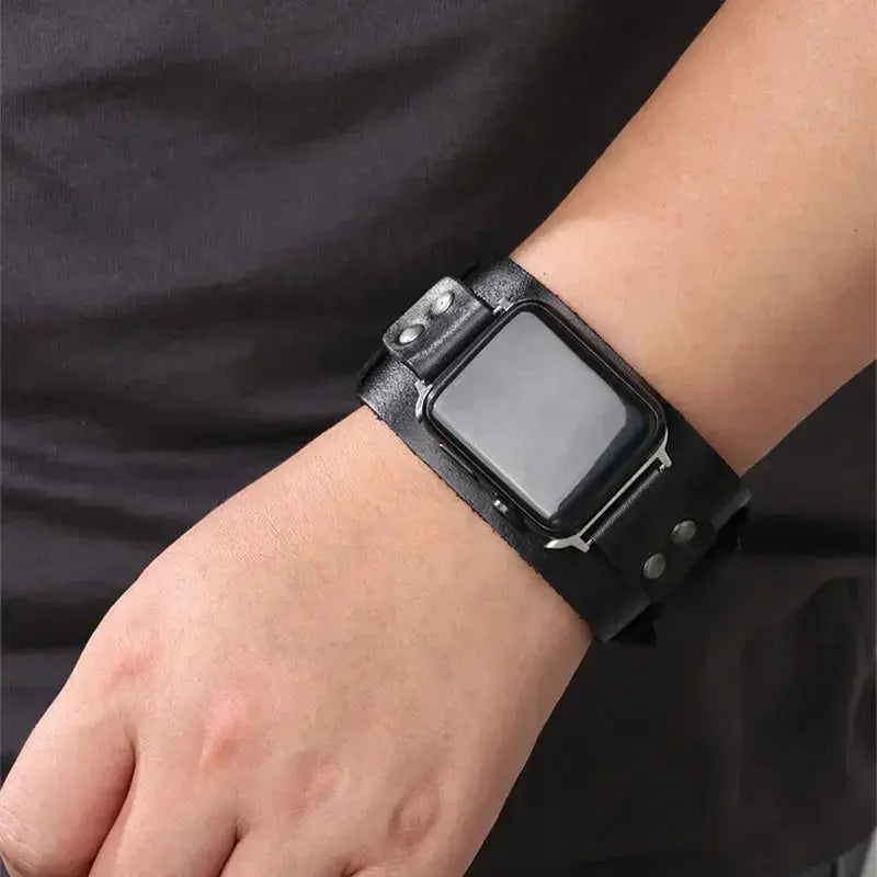 Leather Strap Band for Apple Watch Ultra 2/9/8/7/3, 40mm/41mm/44mm/45mm/49mm, Double Metal Buckle Band - STRAPS