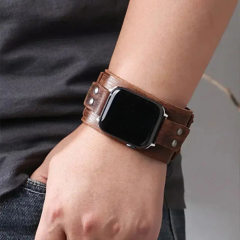 Leather Strap Band for Apple Watch Ultra 2/9/8/7/3, 40mm/41mm/44mm/45mm/49mm, Double Metal Buckle Band - STRAPS