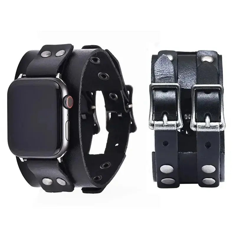 Leather Strap Band for Apple Watch Ultra 2/9/8/7/3, 40mm/41mm/44mm/45mm/49mm, Double Metal Buckle Band - STRAPS