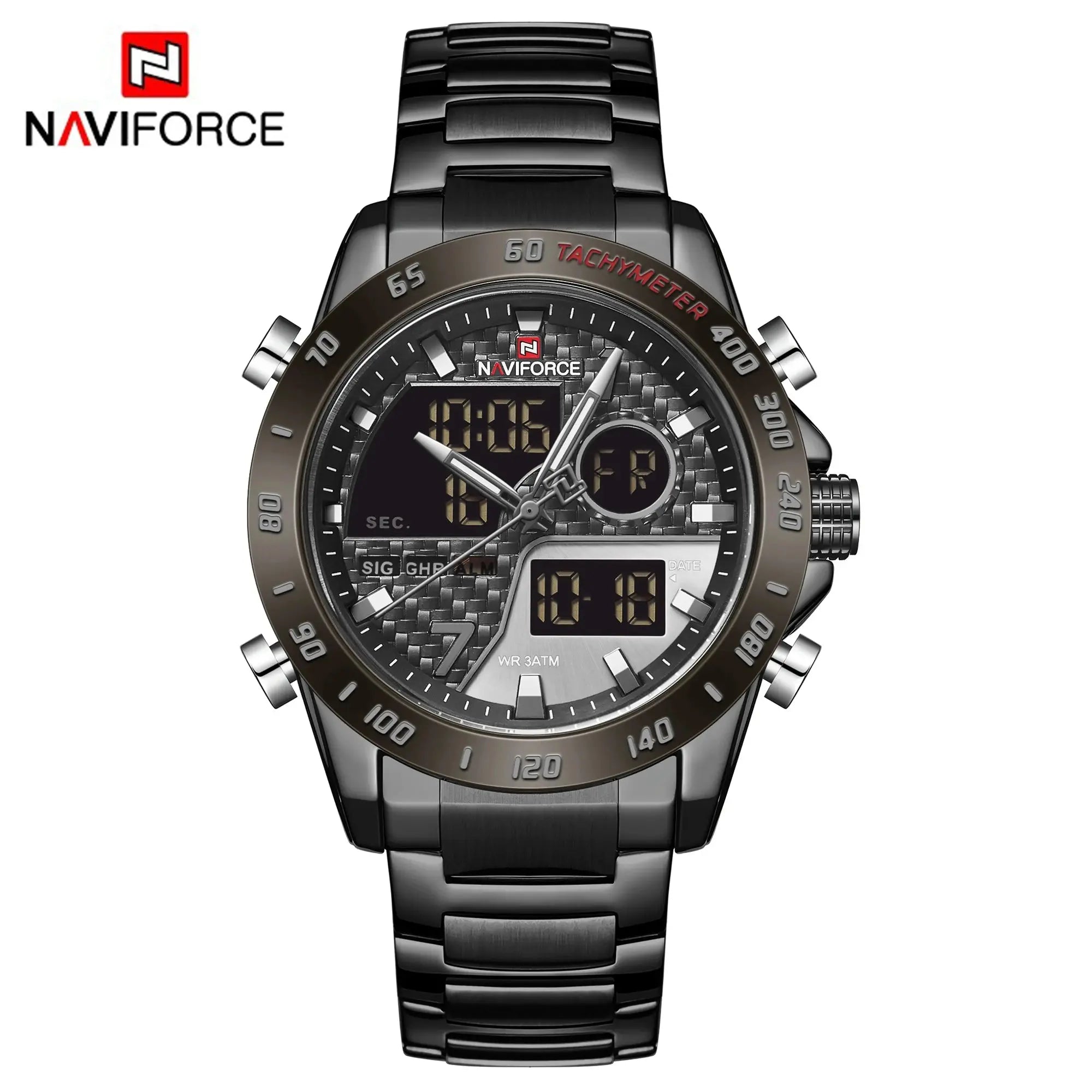 NAVIFORCE NF9171 Mens Digital Quartz Watch, LED, Stainless Steel, 45mm, Waterproof, Chronograph - STRAPS