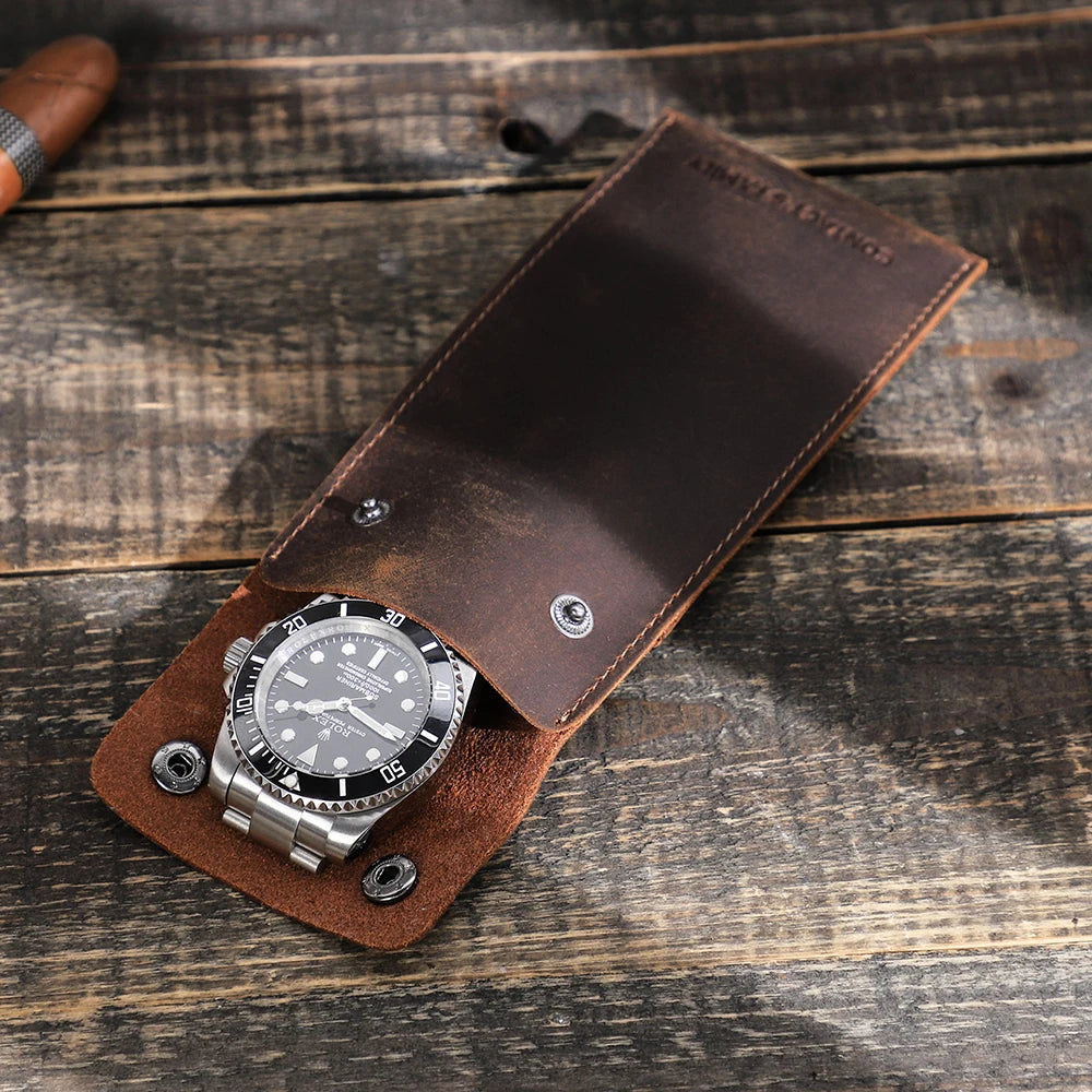 Genuine Leather Watch Pouch - Single Slot Travel Case STRAPS
