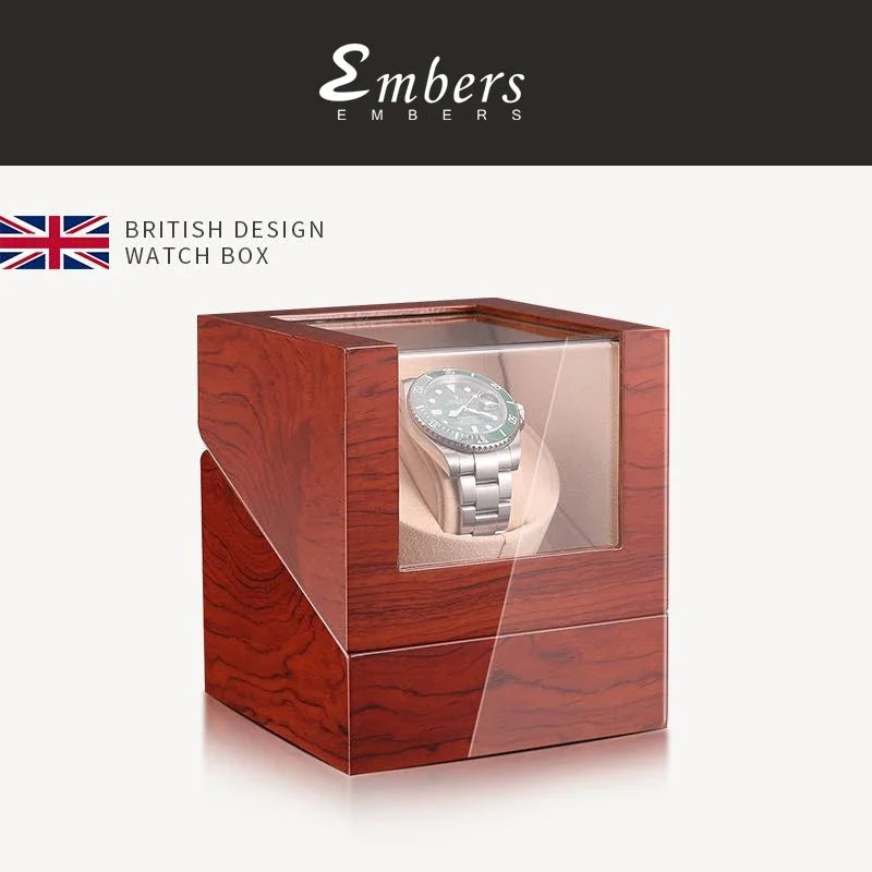 Single Watch Winder - Wooden Case with Glass Top & Quiet Mabuchi Motor STRAPS