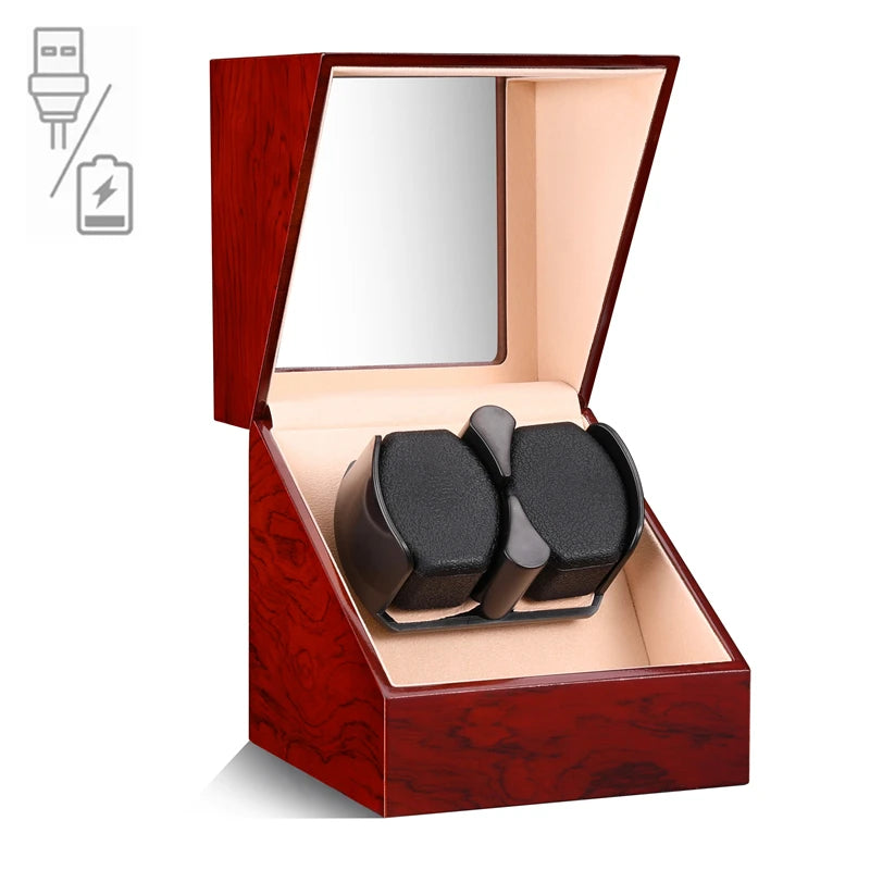 Single Watch Winder - Wooden Case with Glass Top & Quiet Mabuchi Motor STRAPS