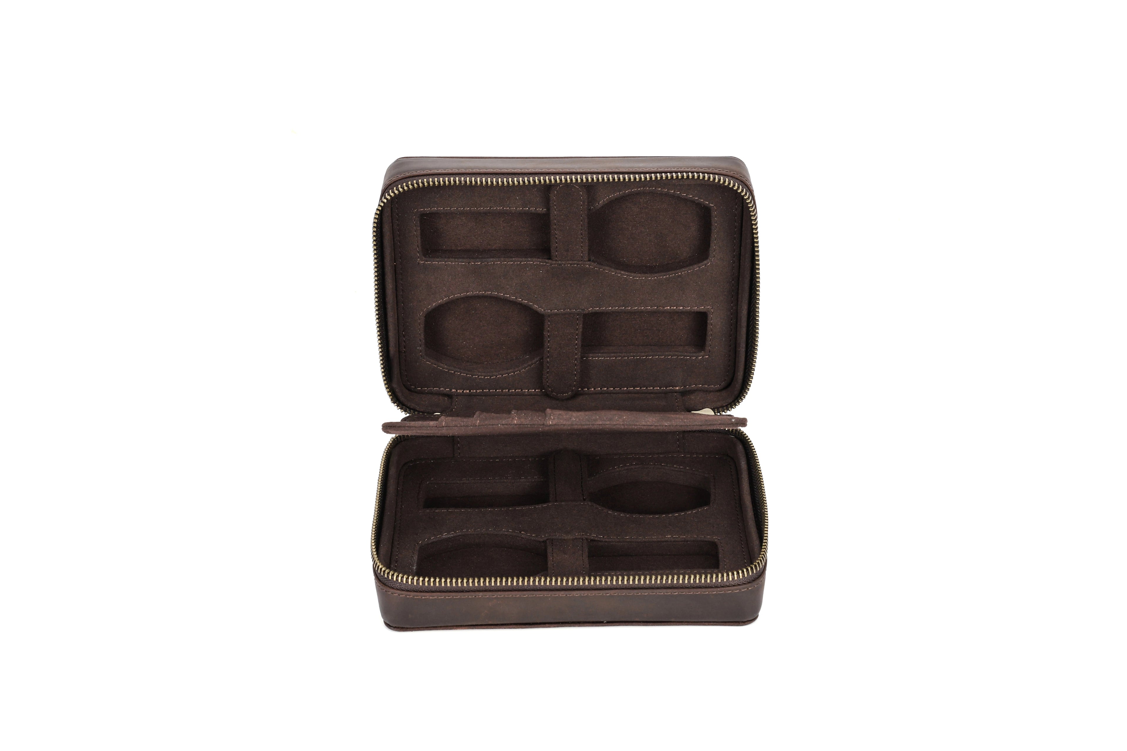 Crazy Horse Leather Watch Case - Vintage 4/8 Slot Zipper Travel Box STRAPS