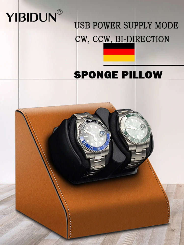 2-Slot Automatic Watch Winder - Leather Case with Mabuchi Motor STRAPS