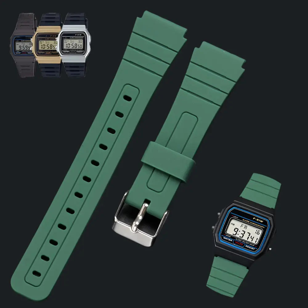 Silicone Watch Strap for Casio F91W/W800H/SGW400/A158/AE1200 - Waterproof, Metal Silver Buckle - STRAPS