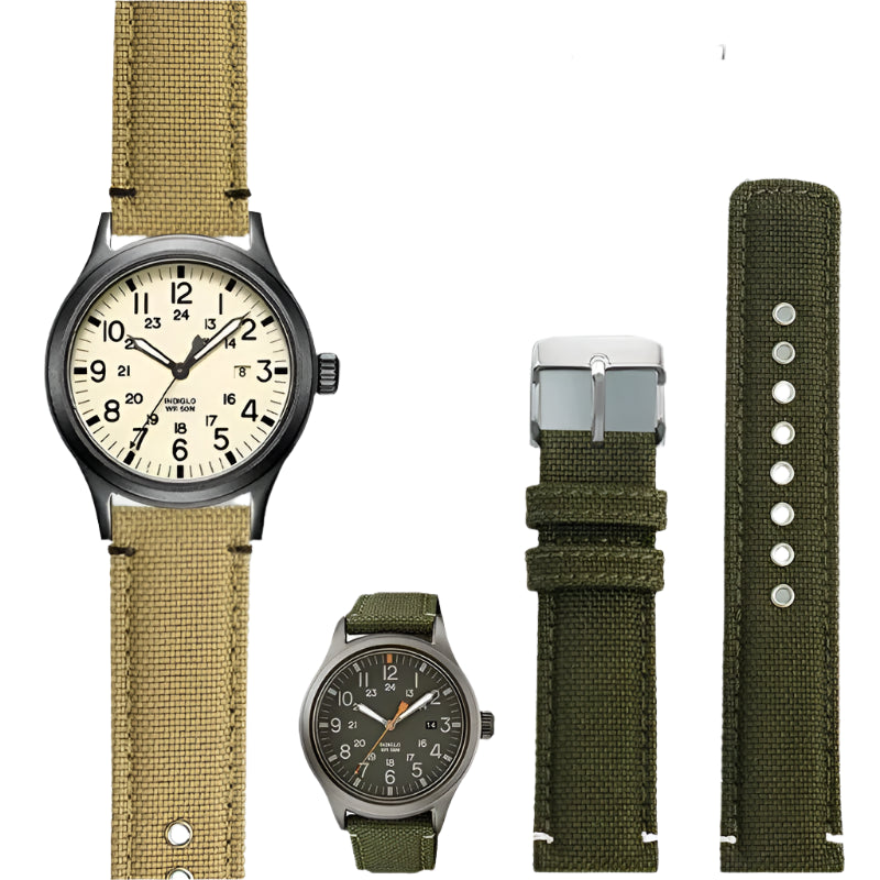 Waterproof Nylon Canvas & Leather Watch Strap for TIMEX, Citizen, Hamilton - 20mm, Khaki Watchband - STRAPS