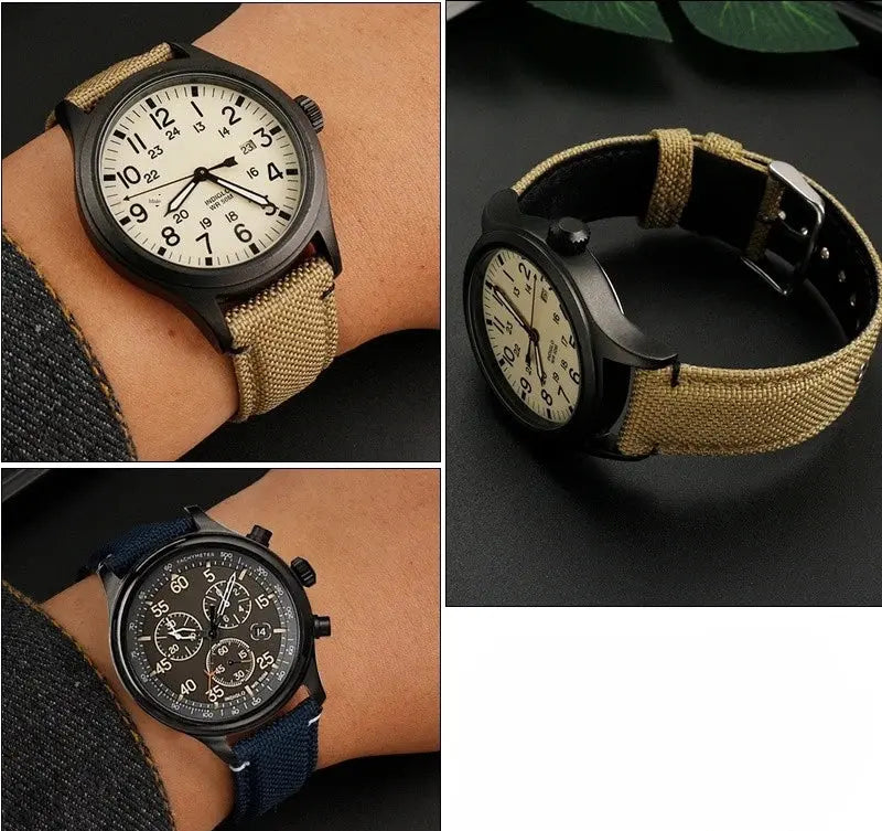 Waterproof Nylon Canvas & Leather Watch Strap for TIMEX, Citizen, Hamilton - 20mm, Khaki Watchband - STRAPS