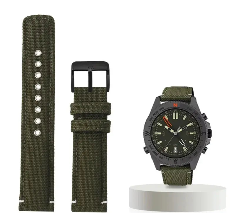 Waterproof Nylon Canvas & Leather Watch Strap for TIMEX, Citizen, Hamilton - 20mm, Khaki Watchband - STRAPS