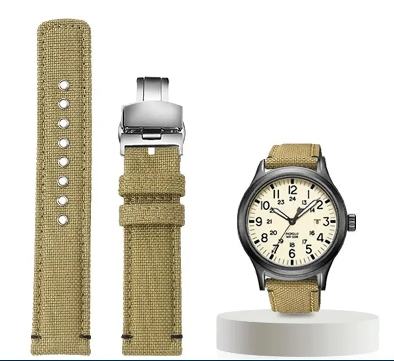 Waterproof Nylon Canvas & Leather Watch Strap for TIMEX, Citizen, Hamilton - 20mm, Khaki Watchband - STRAPS
