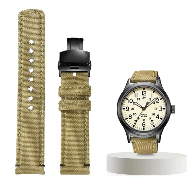 Waterproof Nylon Canvas & Leather Watch Strap for TIMEX, Citizen, Hamilton - 20mm, Khaki Watchband - STRAPS