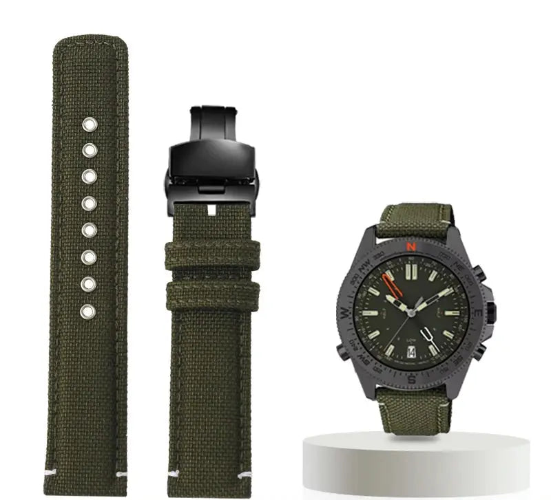 Waterproof Nylon Canvas & Leather Watch Strap for TIMEX, Citizen, Hamilton - 20mm, Khaki Watchband - STRAPS