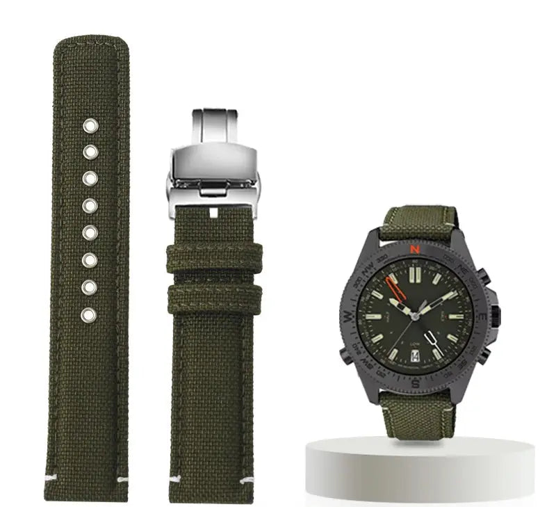 Waterproof Nylon Canvas & Leather Watch Strap for TIMEX, Citizen, Hamilton - 20mm, Khaki Watchband - STRAPS