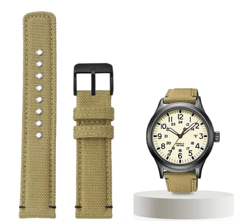 Waterproof Nylon Canvas & Leather Watch Strap for TIMEX, Citizen, Hamilton - 20mm, Khaki Watchband - STRAPS