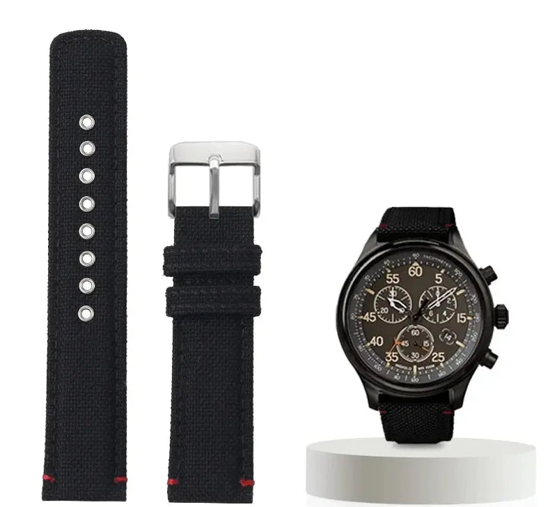 Waterproof Nylon Canvas & Leather Watch Strap for TIMEX, Citizen, Hamilton - 20mm, Khaki Watchband - STRAPS