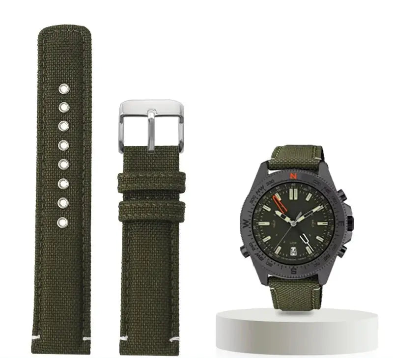 Waterproof Nylon Canvas & Leather Watch Strap for TIMEX, Citizen, Hamilton - 20mm, Khaki Watchband - STRAPS