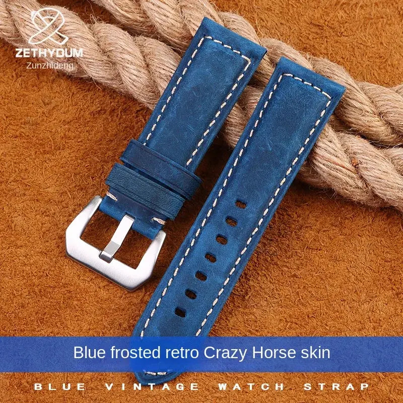 Blue Frosted Vintage Leather Watch Strap – Fits Panerai, JEEP, Seiko, Breitling, Diesel | 22mm-26mm - STRAPS