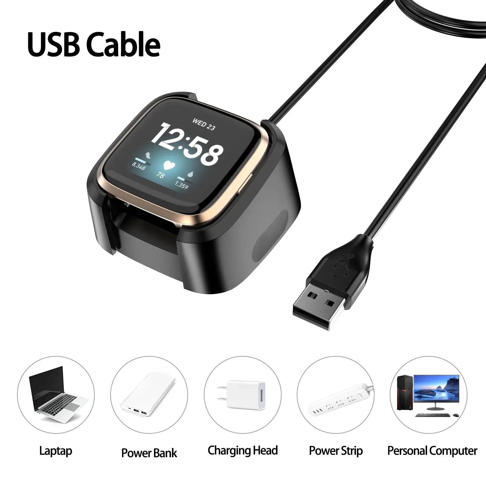 Charger for Fitbit Versa 2, USB Charging Cable, Dock Stand, 1m, Black - STRAPS