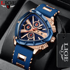 LIGE LG89103 Mens Triangle Quartz Watch, Chronograph, Silicone, 56mm, Waterproof, Military Style - STRAPS