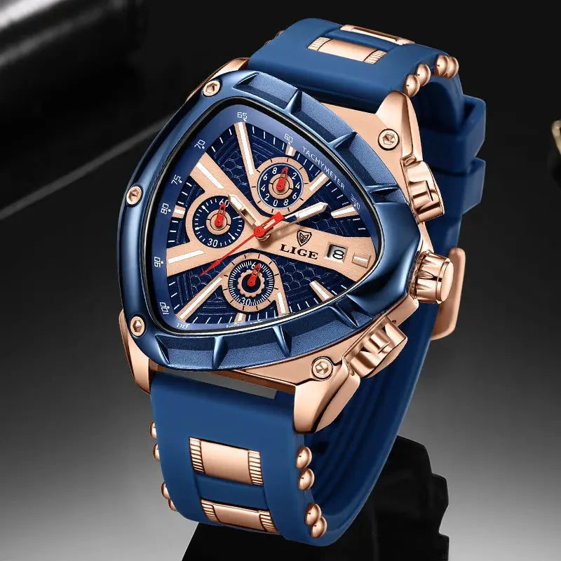 LIGE LG89103 Mens Triangle Quartz Watch, Chronograph, Silicone, 56mm, Waterproof, Military Style - STRAPS