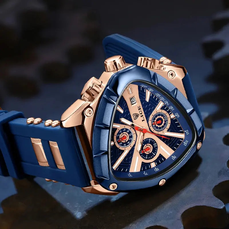 LIGE LG89103 Mens Triangle Quartz Watch, Chronograph, Silicone, 56mm, Waterproof, Military Style - STRAPS