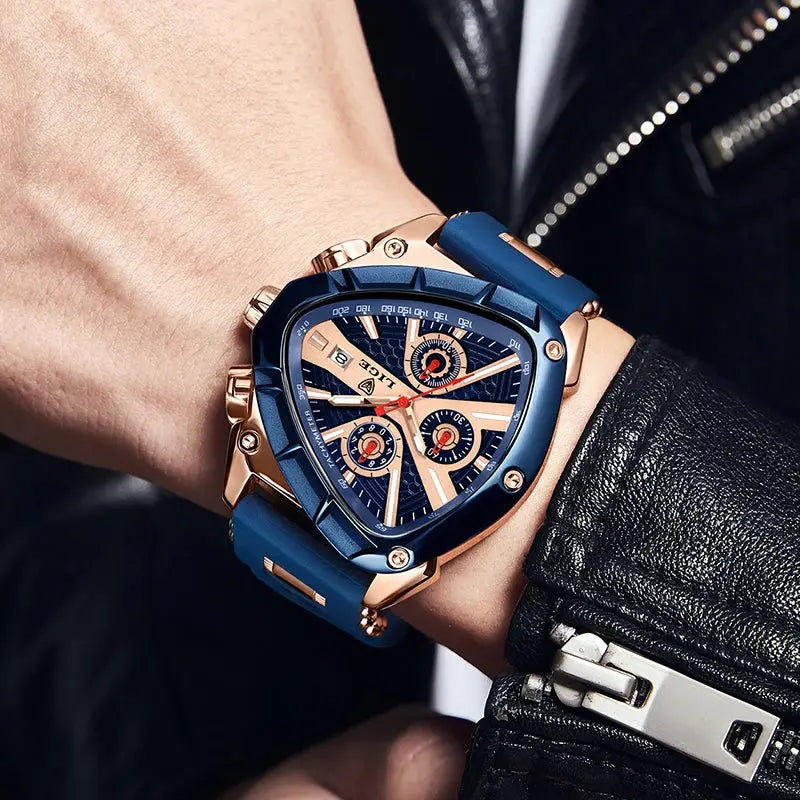 LIGE LG89103 Mens Triangle Quartz Watch, Chronograph, Silicone, 56mm, Waterproof, Military Style - STRAPS