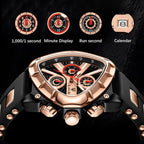 LIGE LG89103 Mens Triangle Quartz Watch, Chronograph, Silicone, 56mm, Waterproof, Military Style - STRAPS