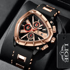 LIGE LG89103 Mens Triangle Quartz Watch, Chronograph, Silicone, 56mm, Waterproof, Military Style - STRAPS