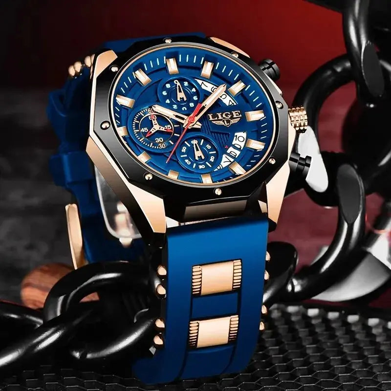 LIGE LIGE8908 Mens Quartz Watch, Silicone, Chronograph, 3Bar Waterproof, Date, Luminous - STRAPS