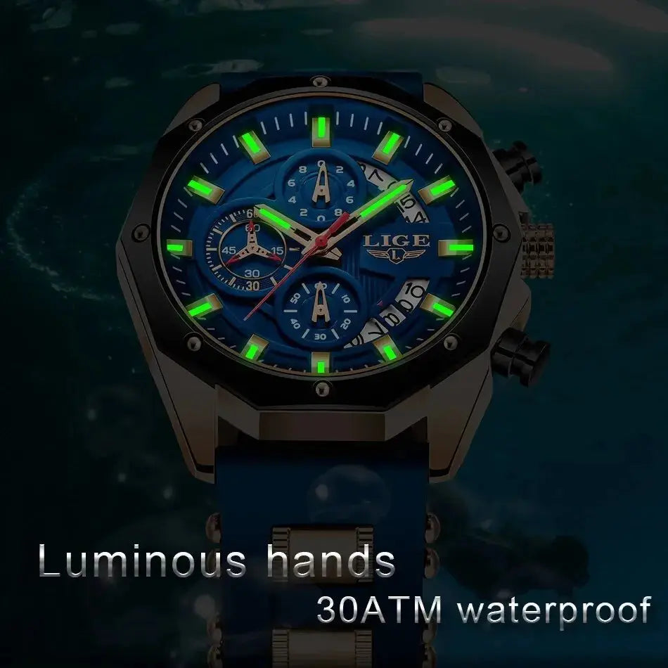 LIGE LIGE8908 Mens Quartz Watch, Silicone, Chronograph, 3Bar Waterproof, Date, Luminous - STRAPS