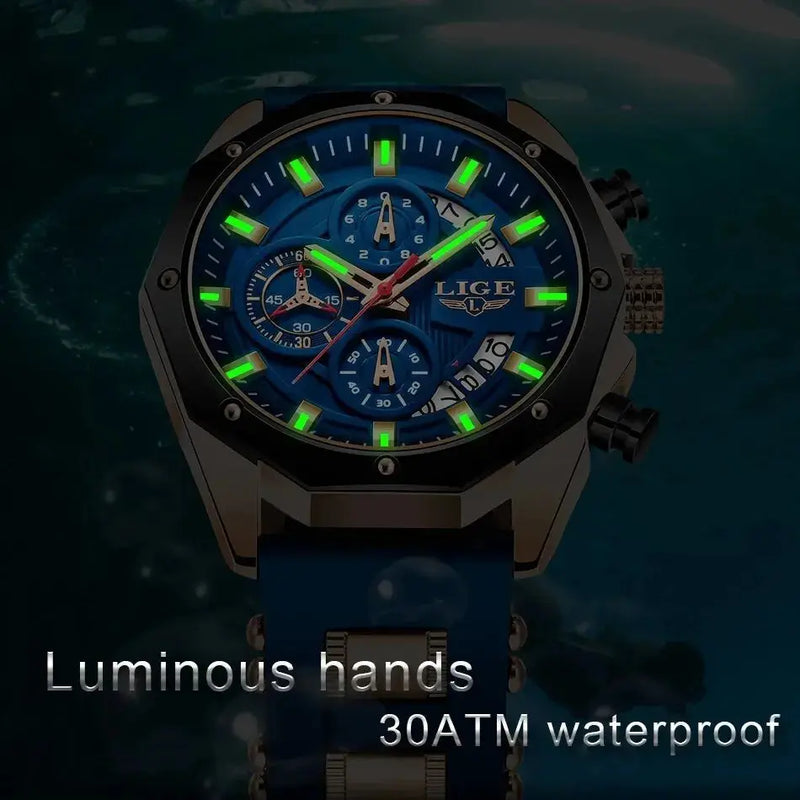 LIGE LIGE8908 Mens Quartz Watch, Silicone, Chronograph, 3Bar Waterproof, Date, Luminous - STRAPS