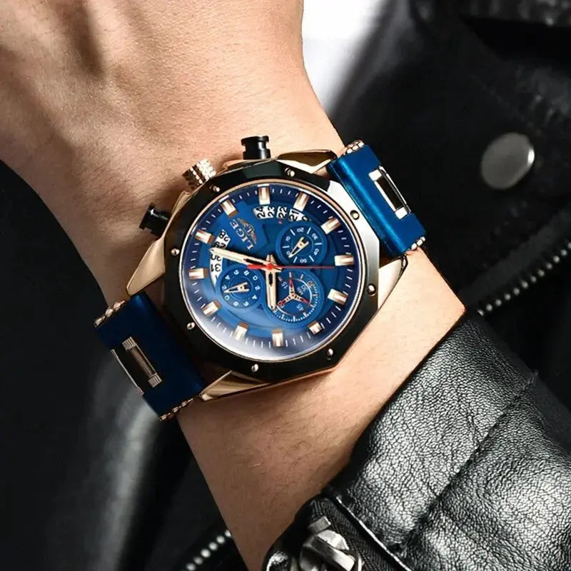 LIGE LIGE8908 Mens Quartz Watch, Silicone, Chronograph, 3Bar Waterproof, Date, Luminous - STRAPS