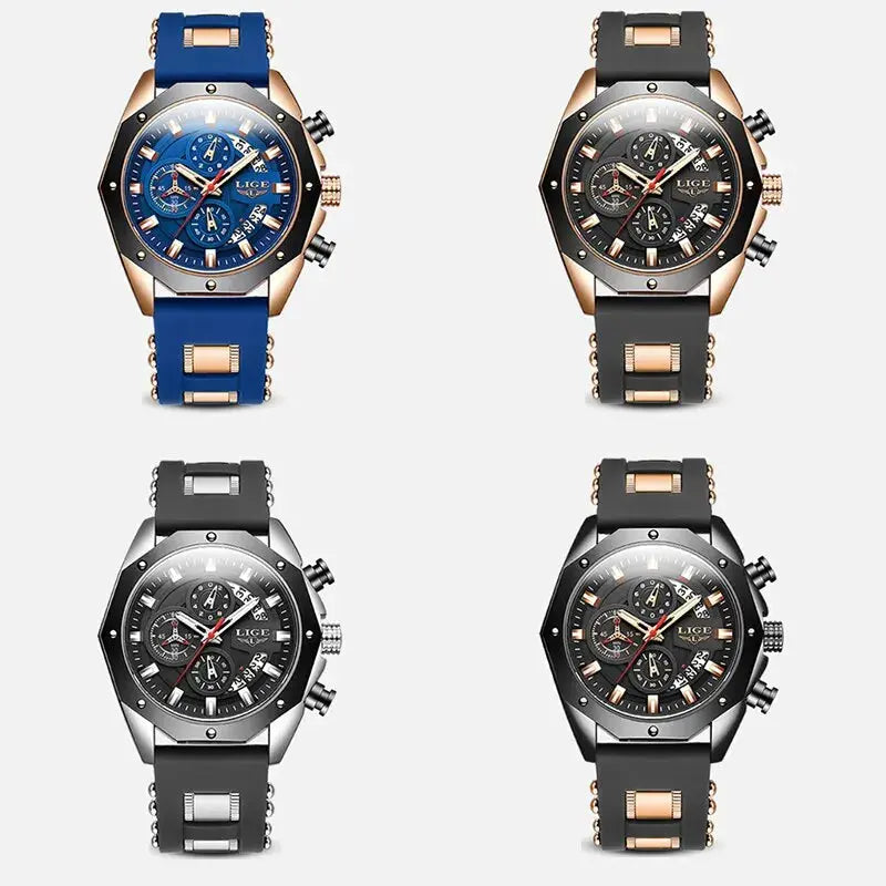LIGE LIGE8908 Mens Quartz Watch, Silicone, Chronograph, 3Bar Waterproof, Date, Luminous - STRAPS