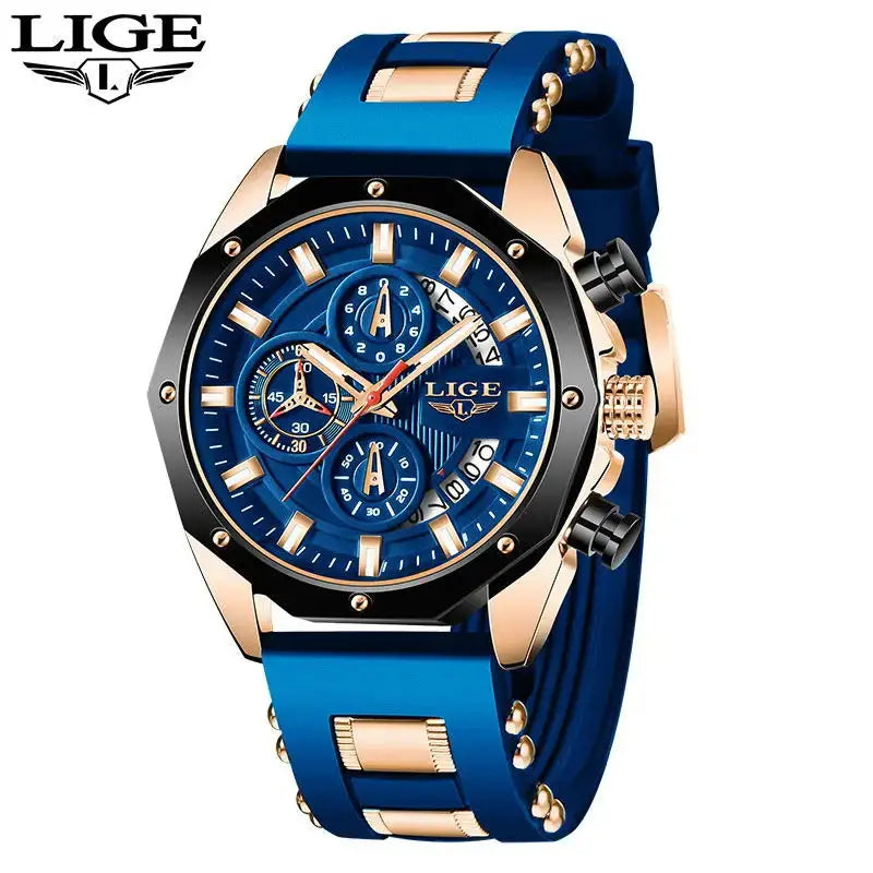 LIGE LIGE8908 Mens Quartz Watch, Silicone, Chronograph, 3Bar Waterproof, Date, Luminous - STRAPS