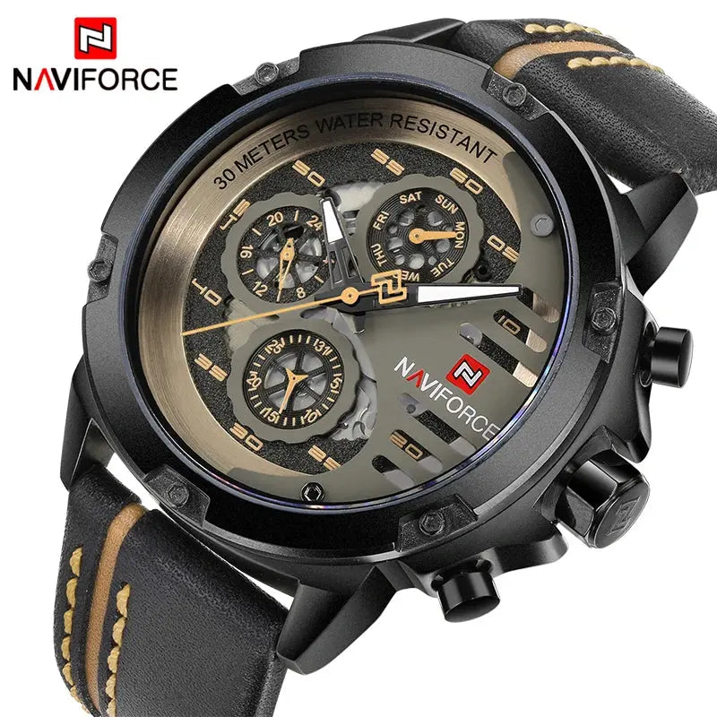 NAVIFORCE NF9110 Mens Leather Quartz Watch, Waterproof, 24-Hour Date, Sport Wristwatch 45-49mm - STRAPS