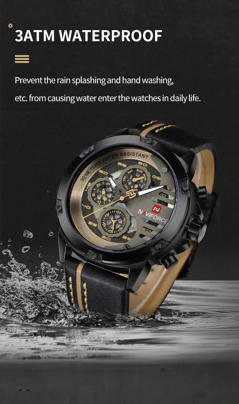 NAVIFORCE NF9110 Mens Leather Quartz Watch, Waterproof, 24-Hour Date, Sport Wristwatch 45-49mm - STRAPS