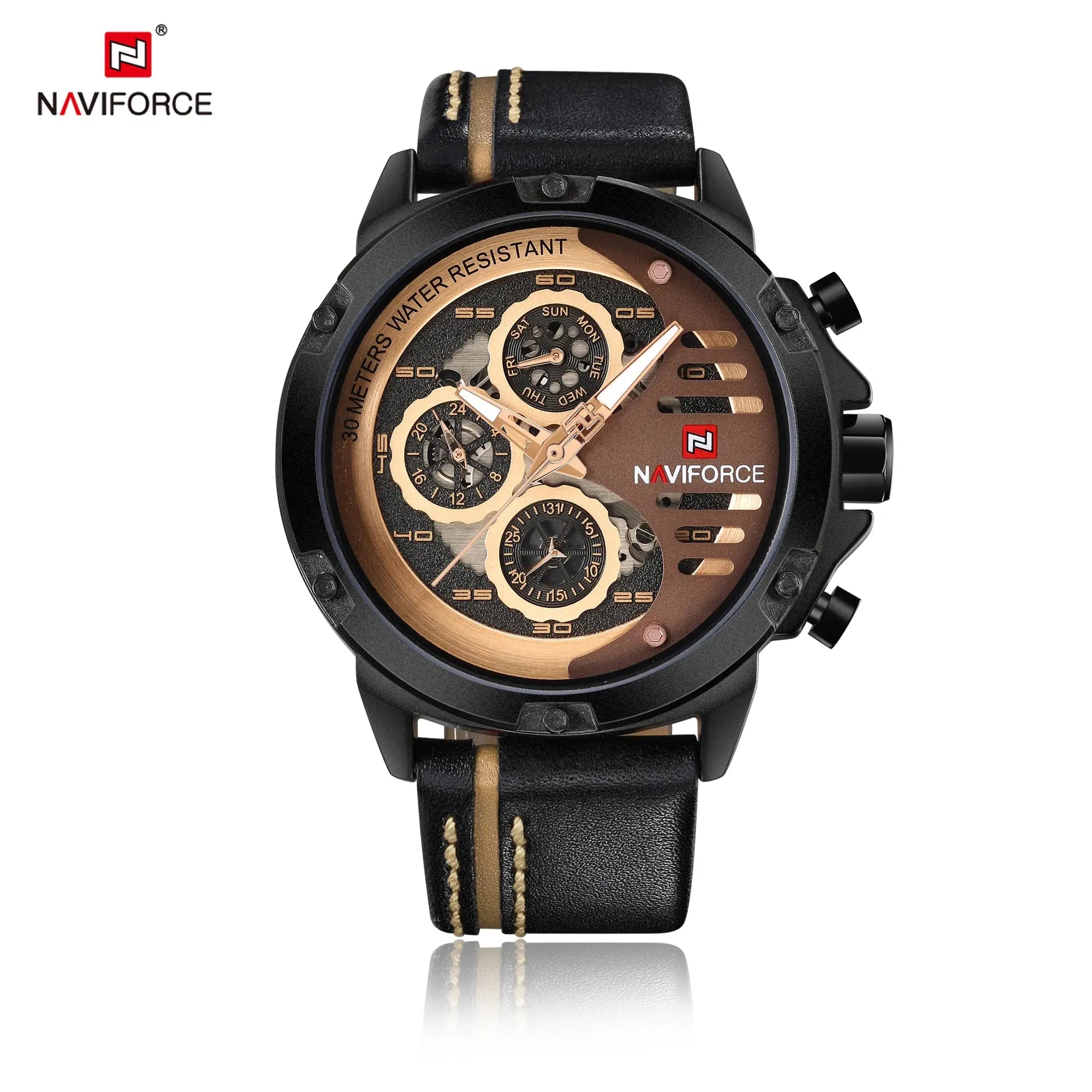 NAVIFORCE NF9110 Mens Leather Quartz Watch, Waterproof, 24-Hour Date, Sport Wristwatch 45-49mm - STRAPS