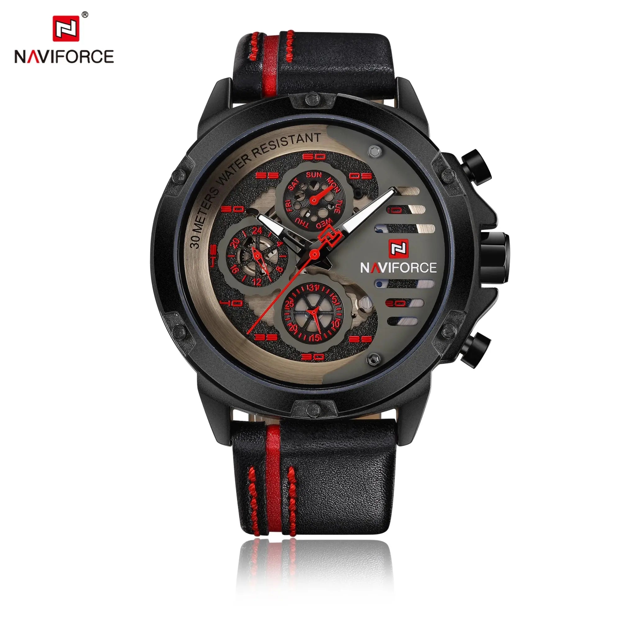 NAVIFORCE NF9110 Mens Leather Quartz Watch, Waterproof, 24-Hour Date, Sport Wristwatch 45-49mm - STRAPS