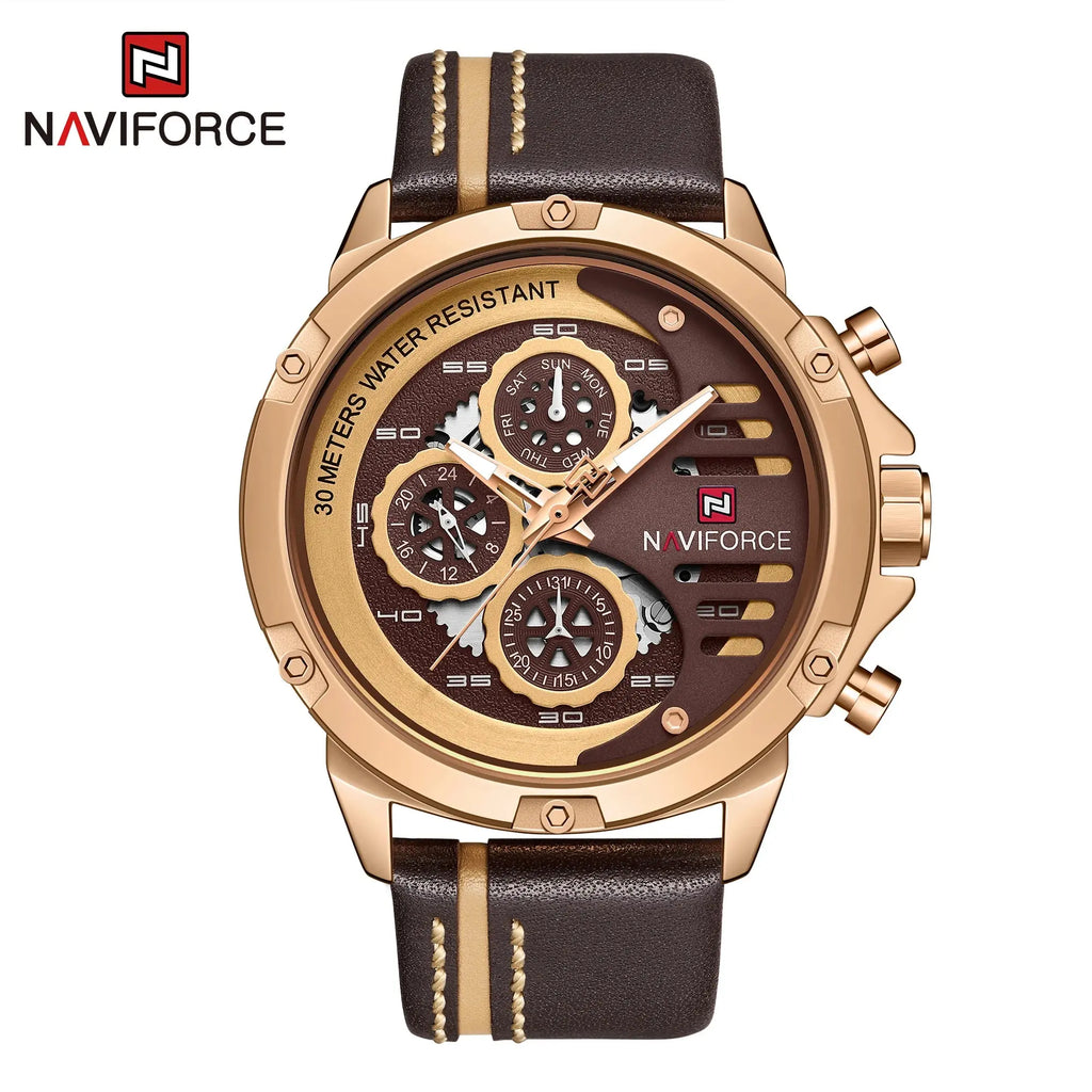 NAVIFORCE NF9110 Mens Leather Quartz Watch, Waterproof, 24-Hour Date, Sport Wristwatch 45-49mm - STRAPS