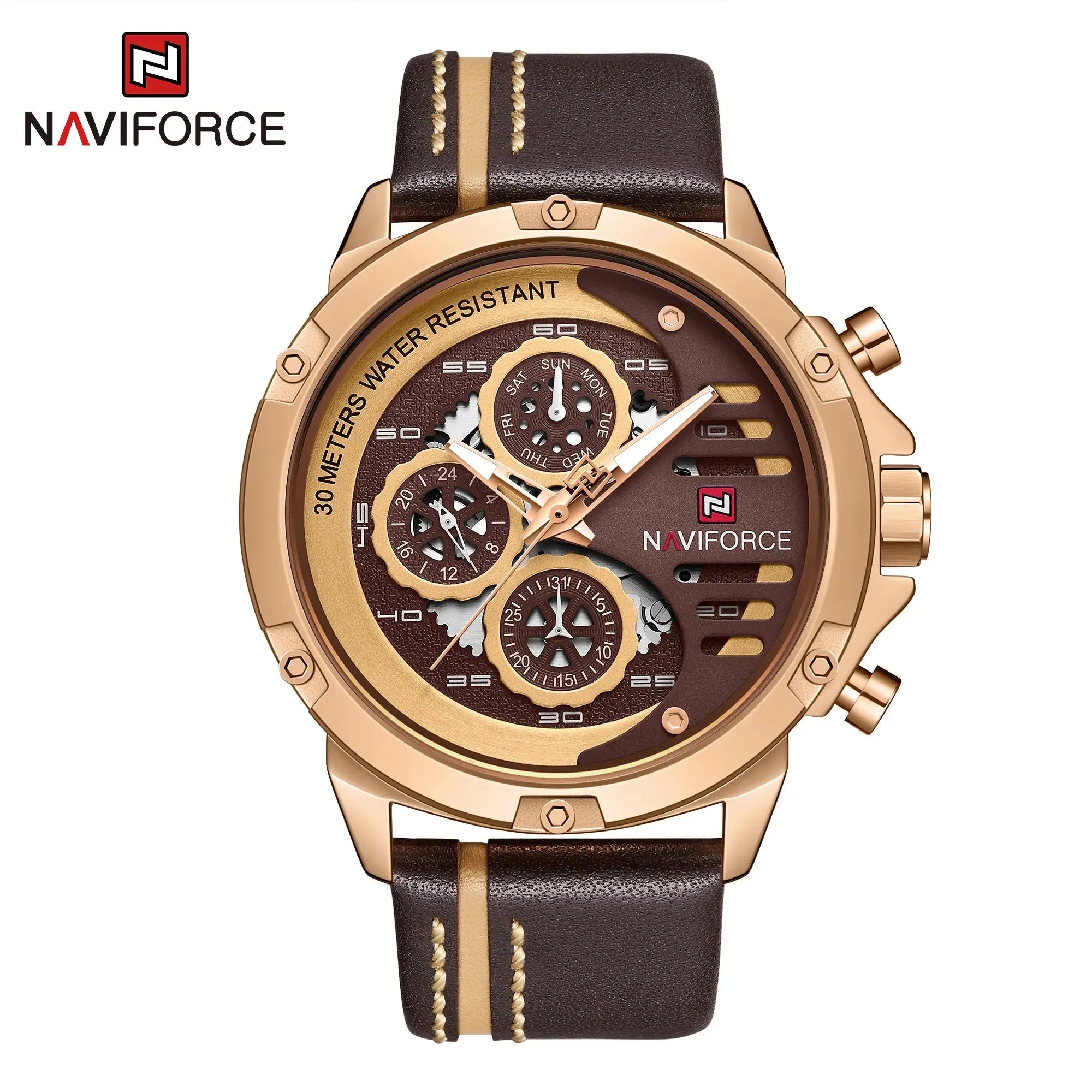 NAVIFORCE NF9110 Mens Leather Quartz Watch, Waterproof, 24-Hour Date, Sport Wristwatch 45-49mm - STRAPS