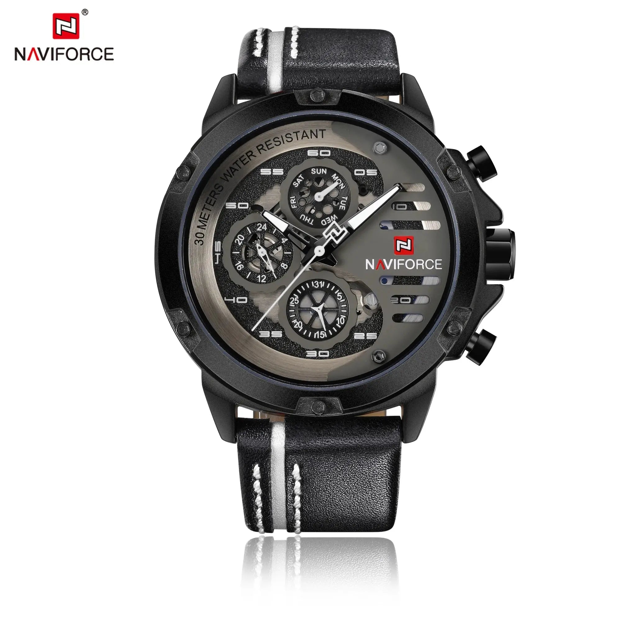 NAVIFORCE NF9110 Mens Leather Quartz Watch, Waterproof, 24-Hour Date, Sport Wristwatch 45-49mm - STRAPS