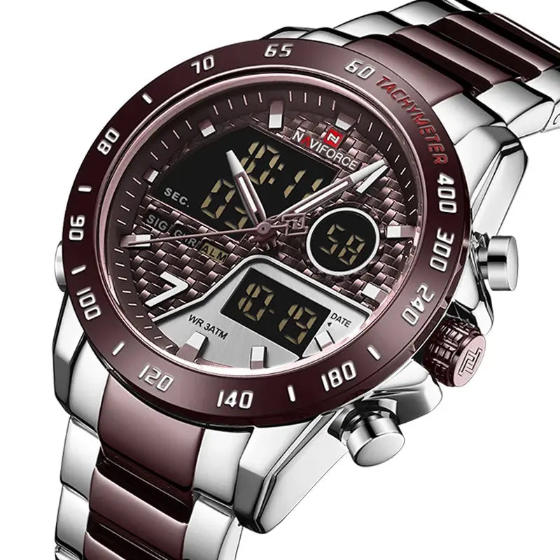 NAVIFORCE NF9171 Mens Digital Quartz Watch, LED, Stainless Steel, 45mm, Waterproof, Chronograph - STRAPS